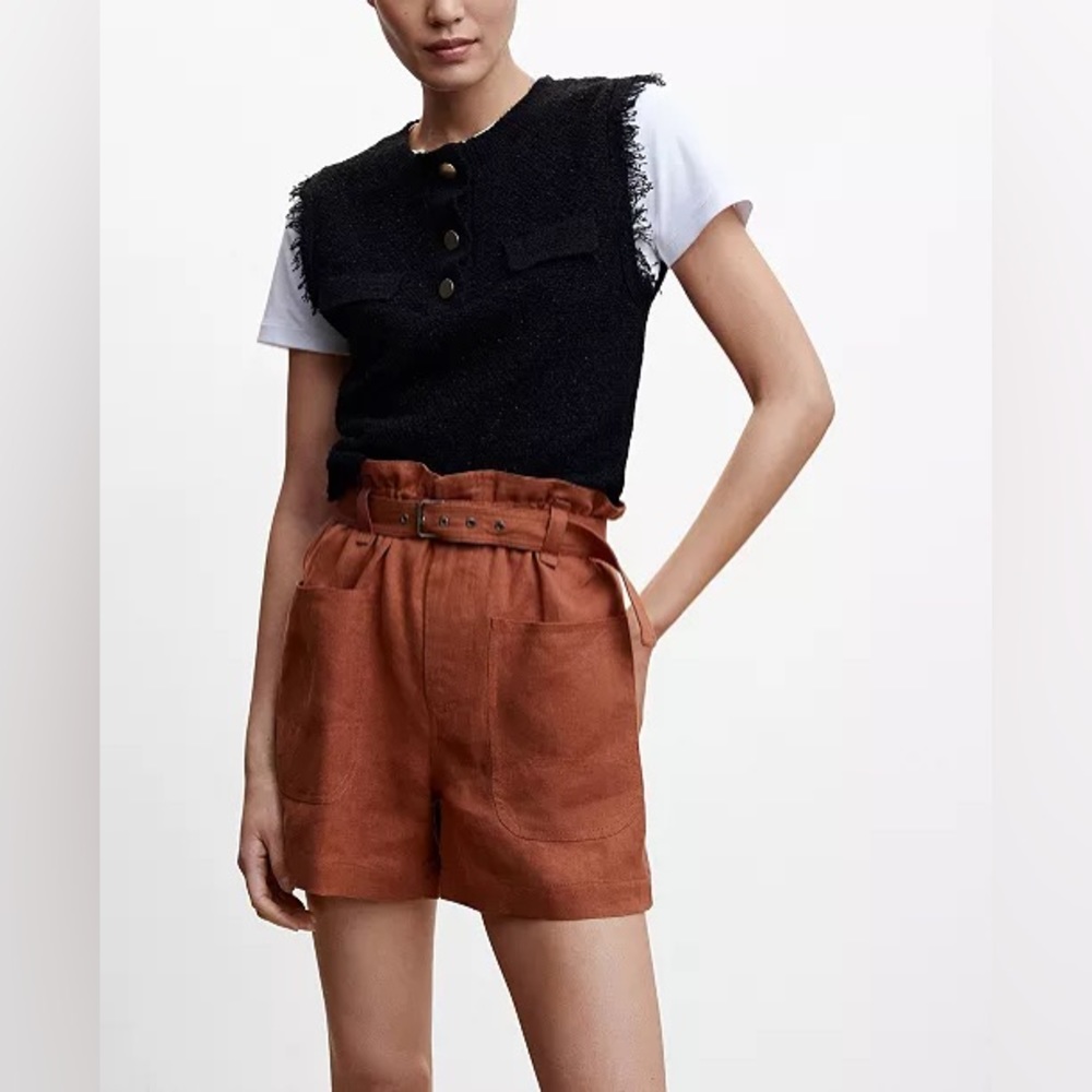Mango Paper Bag Belted Linen Shorts
